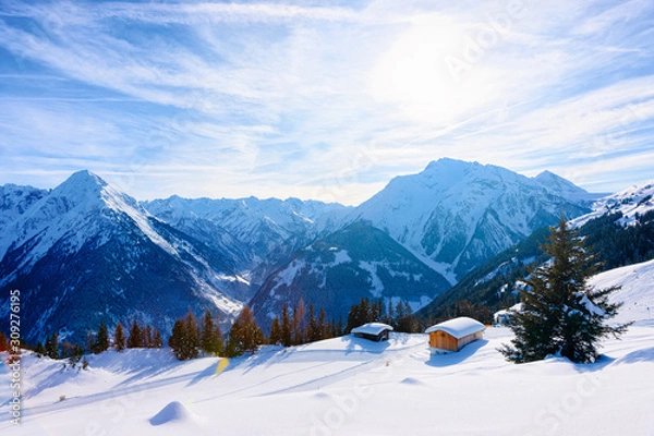 Fototapeta Panorama of ski resort town Mayrhofen with chalet houses Austria