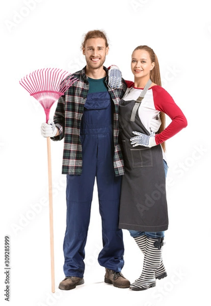 Fototapeta Couple with rake for autumn leaves clean-up on white background