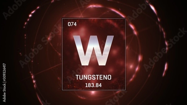 Fototapeta 3D illustration of Tungsten as Element 74 of the Periodic Table. Red illuminated atom design background with orbiting electrons. Name, atomic weight, element number in Spanish language