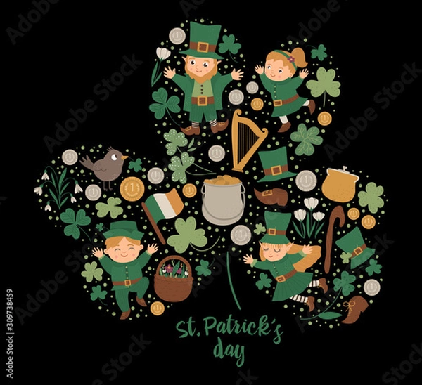 Fototapeta Vector Saint Patrick Day frame with leprechaun, shamrock on black background. Irish holiday themed banner or invitation framed in clover shape. Cute funny spring card template..