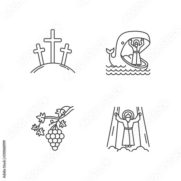 Fototapeta Bible narratives linear icons set. Calvary, Jonah and whale, grapevine, ascension of Jesus Christ. Christian stories. Thin line contour symbols. Isolated vector outline illustrations. Editable stroke