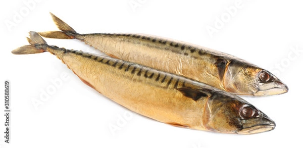 Fototapeta Tasty smoked mackerel fish isolated on white, top view