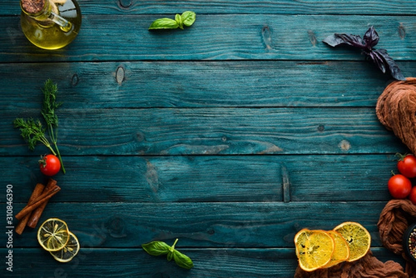 Fototapeta Blue Food Background. Cooking Ingredients. Top view. Free space for your text.