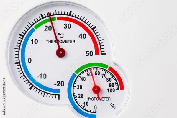 Fototapeta Analog hygrometer and thermometer. Round scale. Concept comfortable conditions.