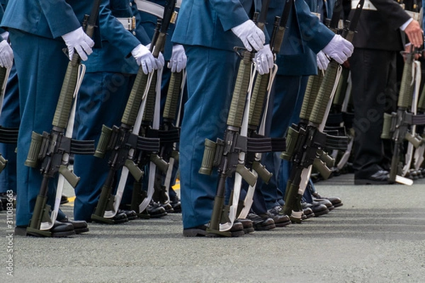 Fototapeta A group of soldiers in uniform standing with their rifles at their sides. The men are wearing their dress clothes and white gloves.