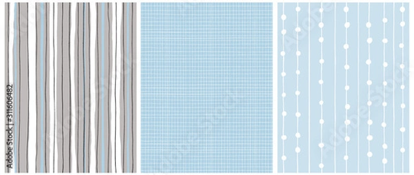 Fototapeta Hand Drawn Childish Style Seamless Vector Patterns.White,Black and Blue Vertical Stripes on a Gray Background. White Grid On a Blue. White Tiny Lines with Dots on a Light Blue.Simple Geometric Prints.