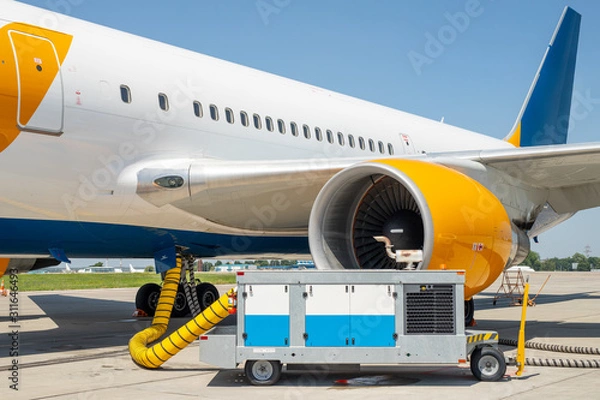 Fototapeta Big modern commercial plane parked on airport runway and connected to ground supply power unit. Aircraft maintenance service and check-up before flight. Airport handling industry