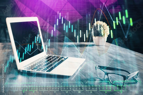 Fototapeta Multi exposure of chart and financial info and work space with computer background. Concept of international online trading.