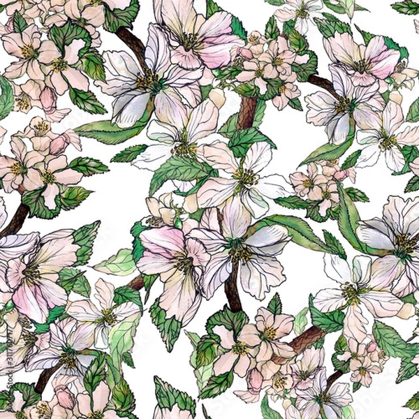 Fototapeta Drawing made in watercolor and ink. Flowers of the apple tree. Seamless pattern. Design of textile, wallpaper, packaging, covers, fabric.