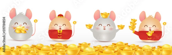 Fototapeta Happy Chinese New year of the rat. Zodiac symbol of the year 2020. Four little cartoon rats character with chinese gold ingot isolated. design greeting for invitation, posters, brochure, banners.