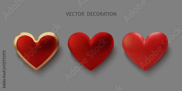 Obraz Set Realistic 3d gold and red heart. Happy Valentines Day greeting card. Love and wedding. Graphic element for design. Vector illustration