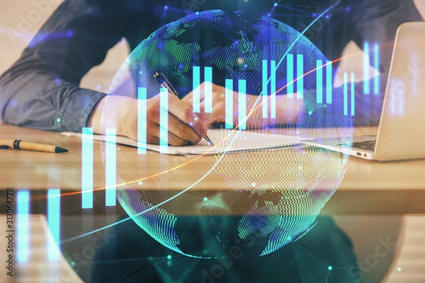 Fototapeta Double exposure hands with stock market chart.