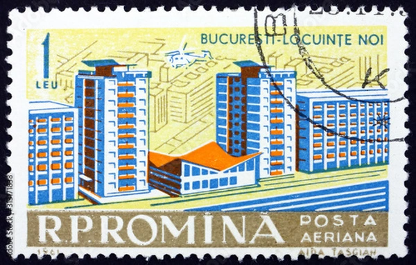 Fototapeta Postage stamp Romania 1961 Apartment Houses, Bucharest