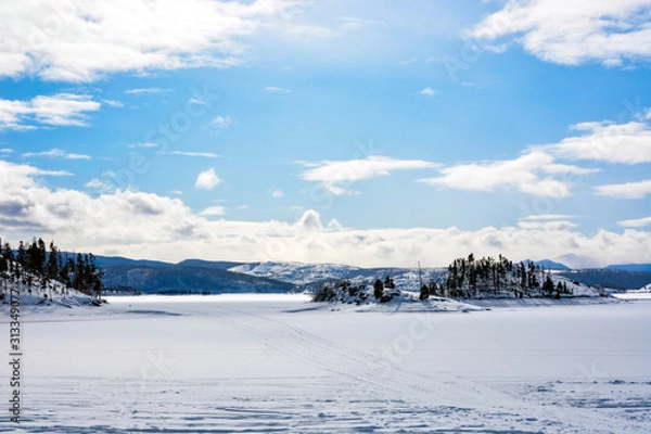 Fototapeta winter landscape with lake and snow