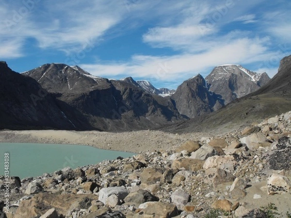 Fototapeta Glacial lake, alluvial surround the lake become like a volcanic lake in the glacial valley