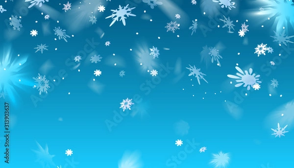 Fototapeta Snowflakes falling flying on blue background.