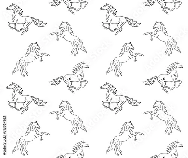 Fototapeta Vector seamless equestrian pattern of hand drawn doodle sketch running horse isolated on white background