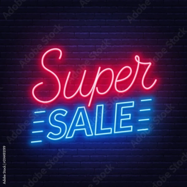 Fototapeta Super sale neon sign on dark background. Template for design.