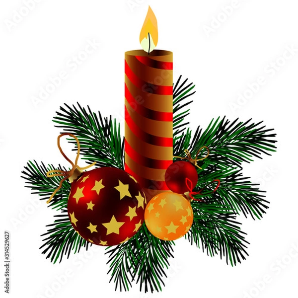 Fototapeta Christmas composition with candle, balls and coniferous branches, isolate on a white background