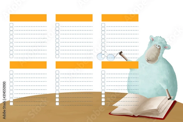 Fototapeta Bright weekly/daily planner for kids, funny cartoon sheep at the table with open empty book and glasses on white background. Positive template white isolated