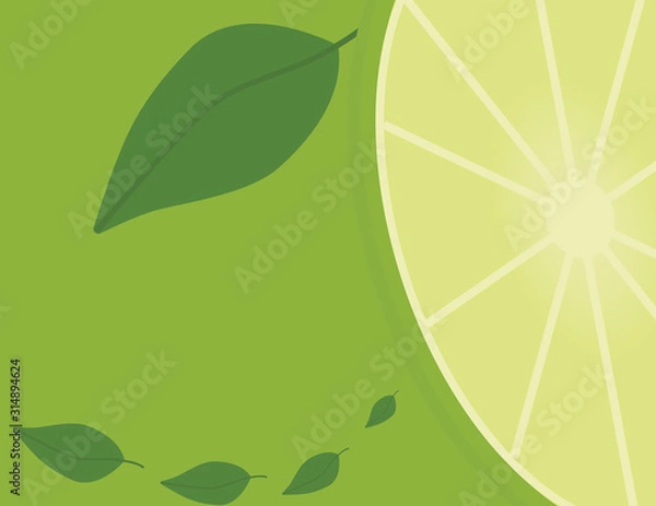 Fototapeta Green Lemon Slice and Leaves on Green Background