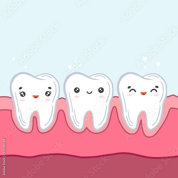 Fototapeta Teeth in the gums. Vector color illustration in cartoon style. Kawaii character. Children's dentistry.