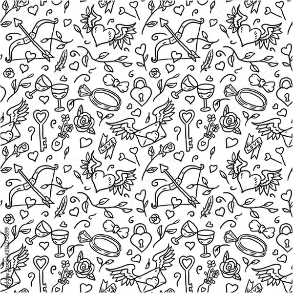 Fototapeta Seamless valentine's pattern, hand drawn line art vector illustration