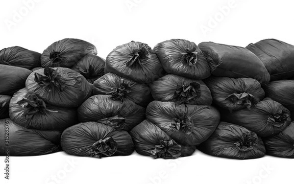 Fototapeta black trash bag pile up and isolated on white background