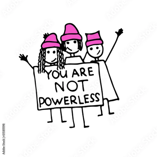 Fototapeta Young activists hold a poster in their hands. Female power and feminism vector concept