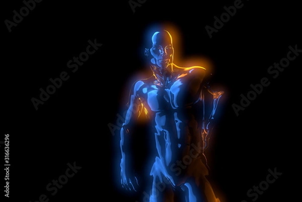 Fototapeta Male torso made of glass or black metal. He have pain and holds his back. Isolated on black background. 3d rendered medical illustration