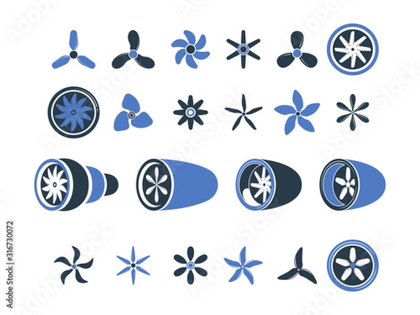 Fototapeta Airplane engines. Propeller turbine symbols plane equipment detailing aviation vector. Illustration rotor and turbo aviation, blade ventilator, engine turbojet