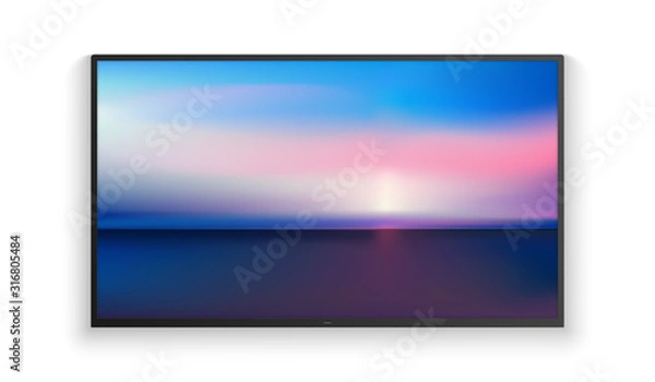 Fototapeta Vector realistic wide angle smart HD tv on the wall. Blue aerial panoramic view of sunrise over ocean. Led 3d screen isolated on white background. Sunrise watercolor gradation.