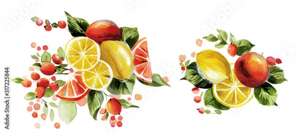 Fototapeta Lemon watercolor illustration.Manual composition.Big Set watercolor elements.