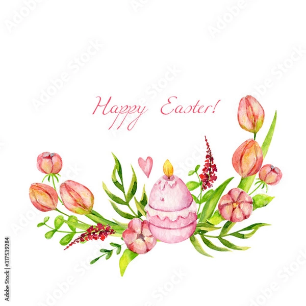 Fototapeta Watercolor Easter banner with spring flowers, easter eggs, candle and herbs. Flower border. Spring flowers background with pink tulips. Happy Easter! Easter wreath isolated on the white with copyspace