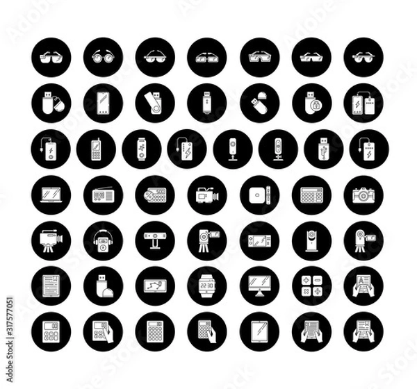 Fototapeta Mobile devices glyph icons set. Electronic gadgets. Smart technology. Smartphone, laptop, computer. E-reader, powerbank. Compact digital tools. Vector white silhouettes illustrations in black circles