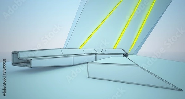 Fototapeta Abstract drawing architectural white interior of a modern villa on the sea with colored neon lighting. 3D illustration and rendering.