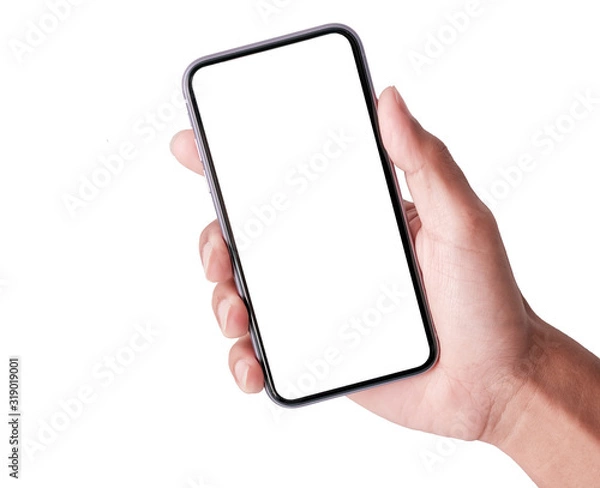 Fototapeta Studio shot of Hand holding Smartphone with blank screen for Infographic Global Business web site design app, - Clipping Path