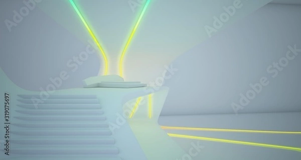 Fototapeta Abstract architectural white interior of a minimalist house with colored neon lighting. 3D illustration and rendering