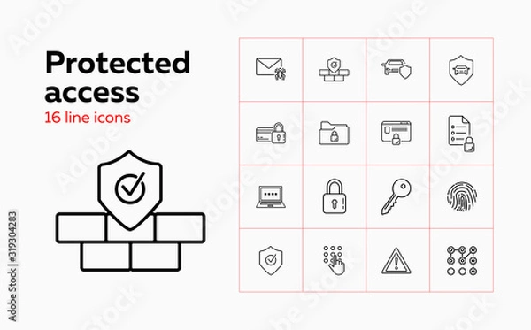 Fototapeta Protected access line icon set. Fingerprint, credit card, computer, lock. Secure concept. Can be used for topics like identification, safety, insurance