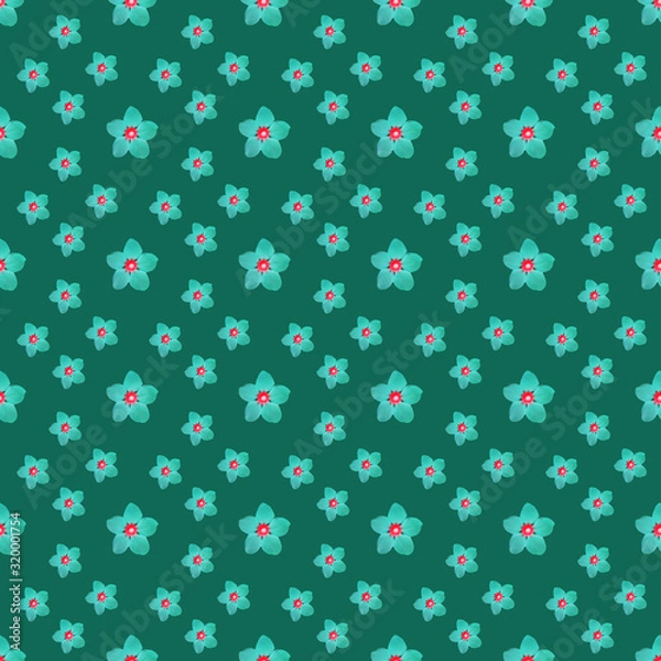 Fototapeta Seamless repeat pattern with green and pink flowers on green background. drawn fabric, gift wrap, wall art design, wrapping paper, background, fabric print, web page backdrop.