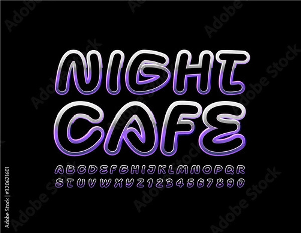 Fototapeta Vector stylish logo Night Cafe. Bright Handwritten Font. Metallic gradient Alphabet Letters and Numbers. 