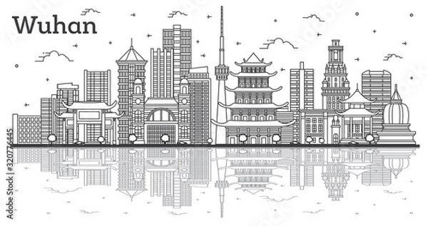 Fototapeta Outline Wuhan China City Skyline with Modern Buildings and Reflections Isolated on White.