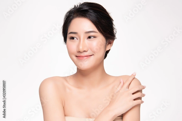 Obraz Portrait beautiful young asian woman clean fresh bare skin concept. Asian girl beauty face skincare and health wellness, Facial treatment, Perfect skin, Natural makeup, on white background,two