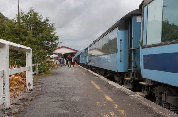 Fototapeta Greymouth Westcoast New Zealand. Scenic railway track. Trainstation. Train.