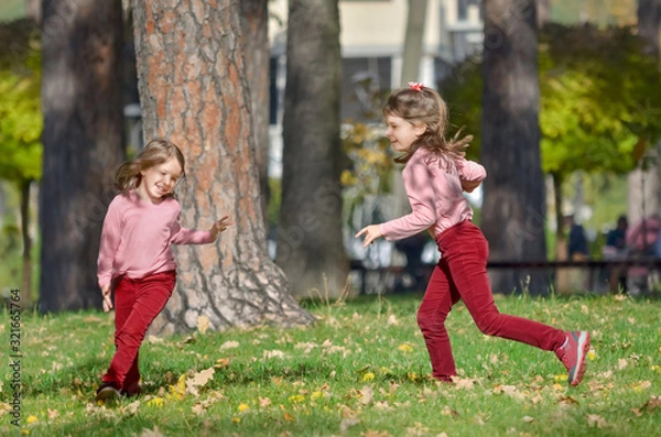 Fototapeta Two little sisters has fun outdoors in the park on a warm autumn day. The concept of a happy carefree childhood.