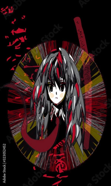 Obraz Anime girl, warrior, samurai sword on a black background