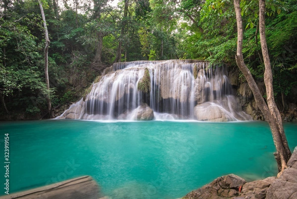 Fototapeta Waterfall in Tropical forest at Erawan waterfall National Park, Thailand	