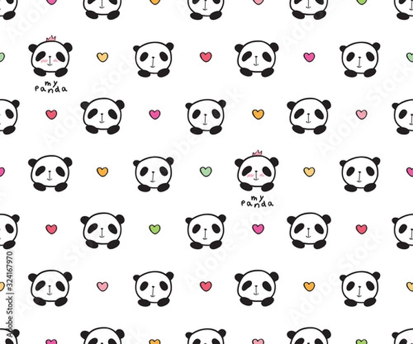 Fototapeta Cool seamless pattern with cute pandas and hearts for gift wrap, kids textile or book covers, wallpapers and scrapbook. Background for Valentine's Day, birthday, Mother's Day. Vector