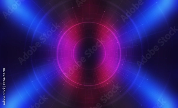 Fototapeta Dark tech abstract background with neon glow. Cyber circle laser figure on abstract background