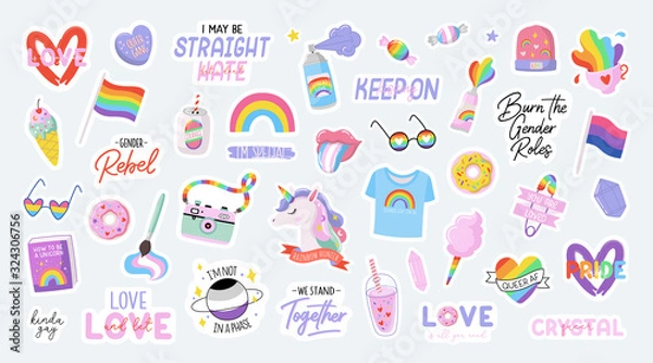 Fototapeta Cute LGBTQ pride stickers. Colorful design elements and typography. Vector collection of LGBTQ symbols and lettering.